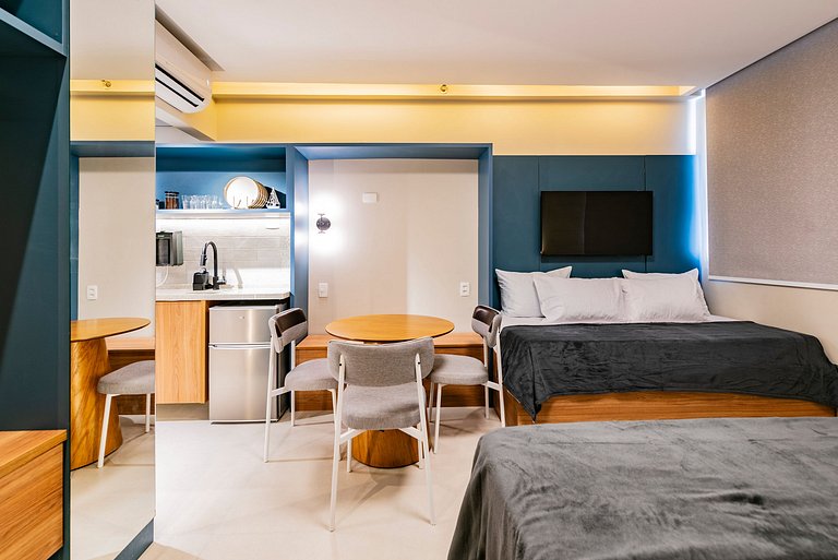 Flat completo para família pertinho da praia