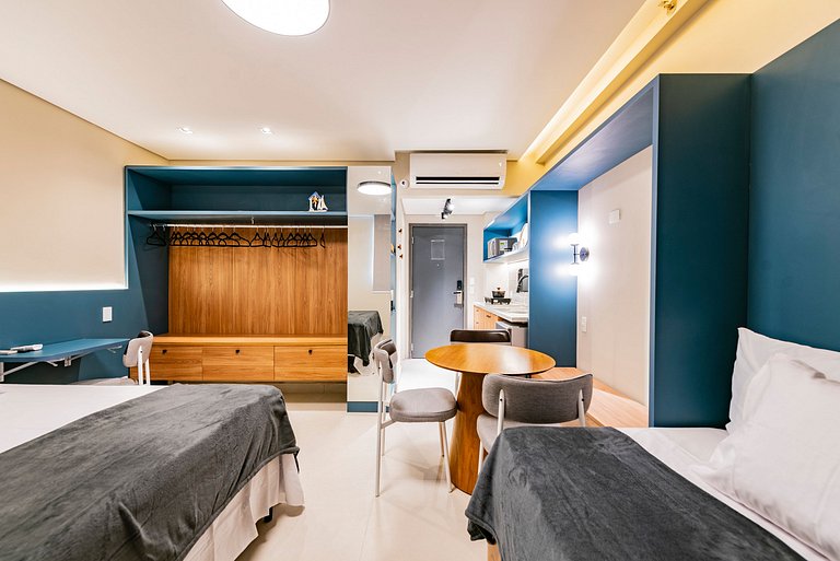 Flat completo para família pertinho da praia