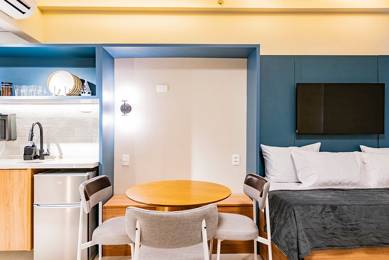 Flat completo para família pertinho da praia